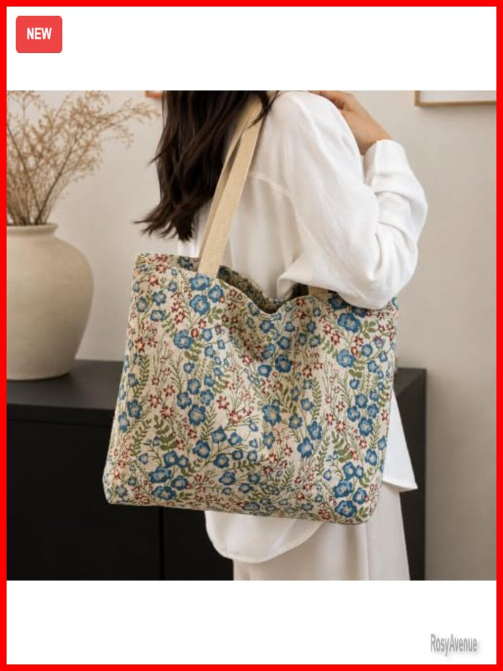 Vintage Floral Canvas Tote Bag Cottagecore Shoulder Bag Zipper Closure Large